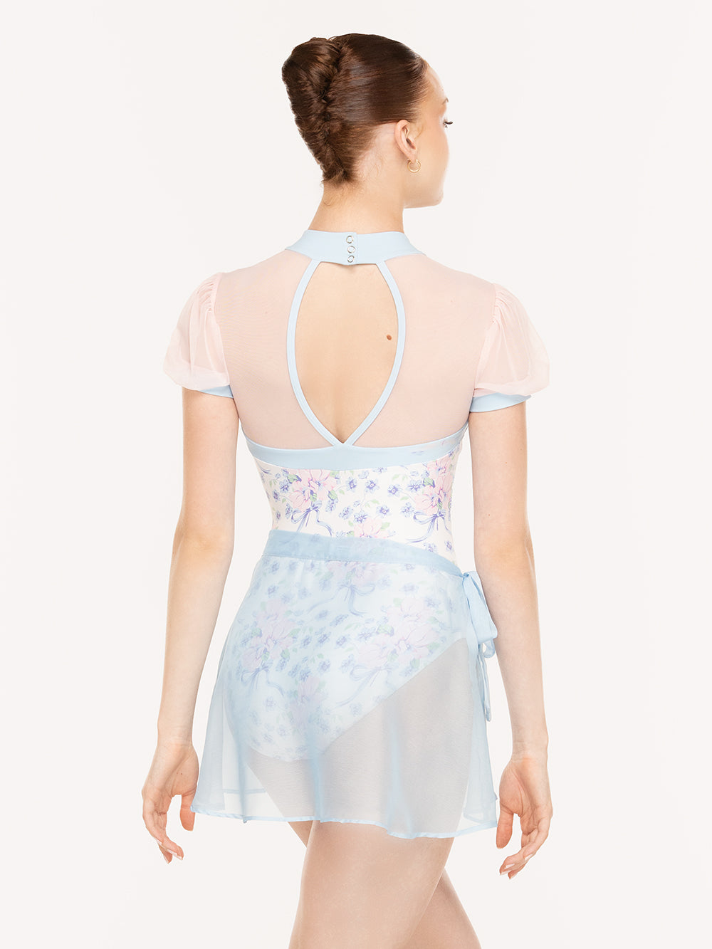 Eleve Dancewear Grace Leotard and Chiffon Mini Tie Skirt Kids in Encore print, back view