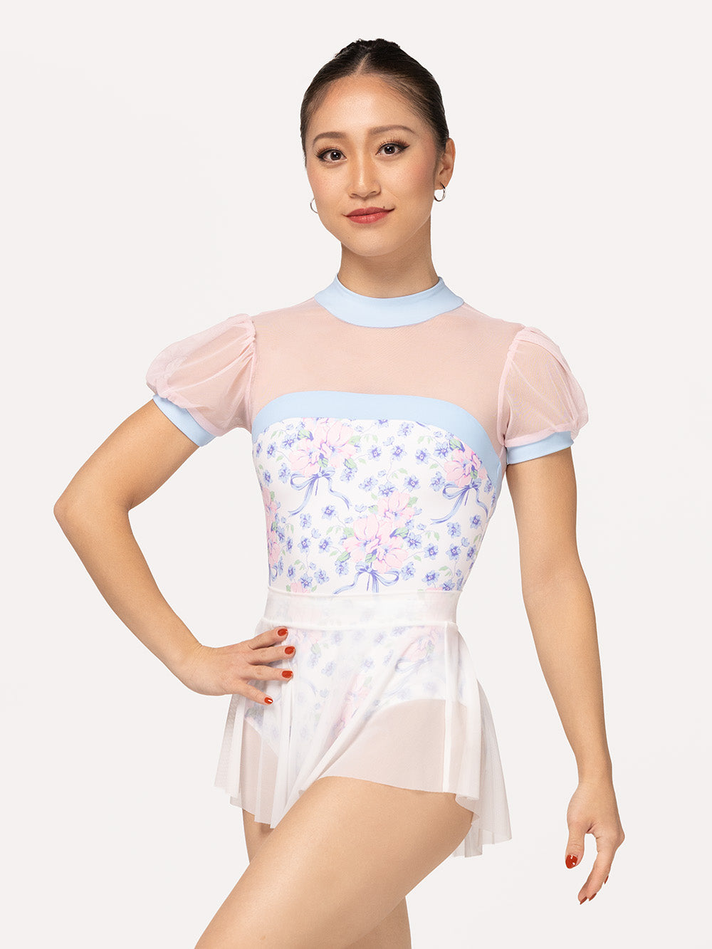 Eleve Dancewear Grace Leotard in Encore print, front view detail