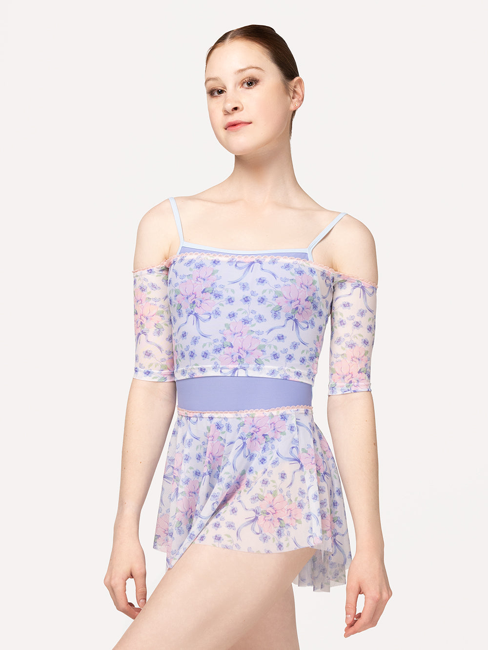 Eleve Dancewear Open Shoulder Crop Top Kids in Encore Mesh print, front view