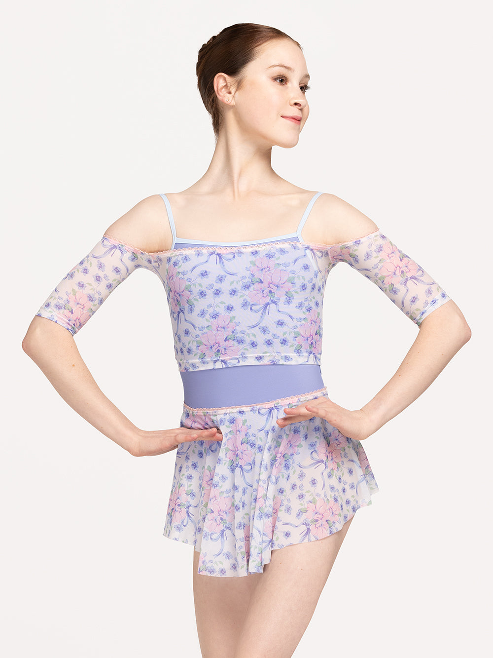 Eleve Dancewear Open Shoulder Crop Top in Encore Mesh print, detail front view