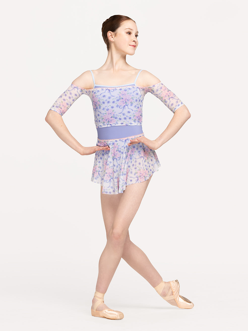 Eleve Dancewear Open Shoulder Crop Top Kids in Encore Mesh print, detail front view