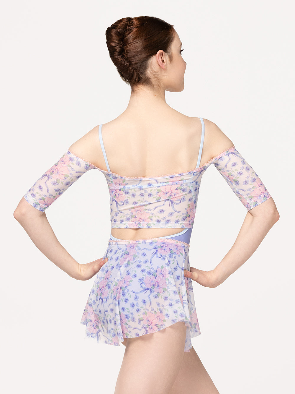 Eleve Dancewear Open Shoulder Crop Top in Encore Mesh print, detail back view