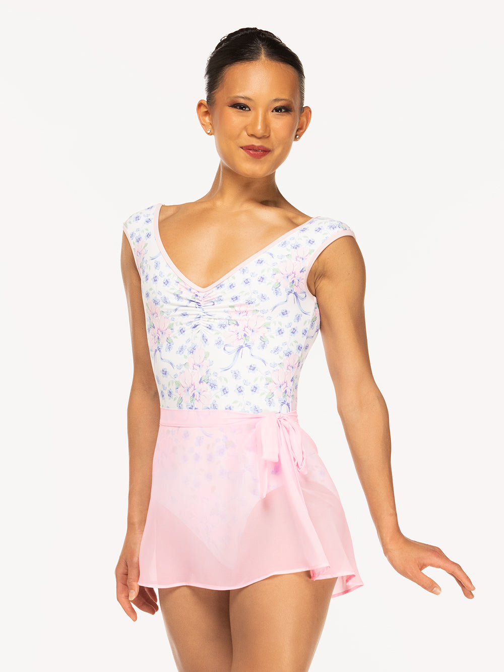 Eleve Dancewear Sophia Leotard in Encore print, front detail view