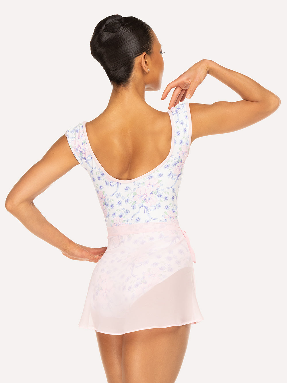 Eleve Dancewear Chiffon Mini Tie Skirt in Light Pink color, back view