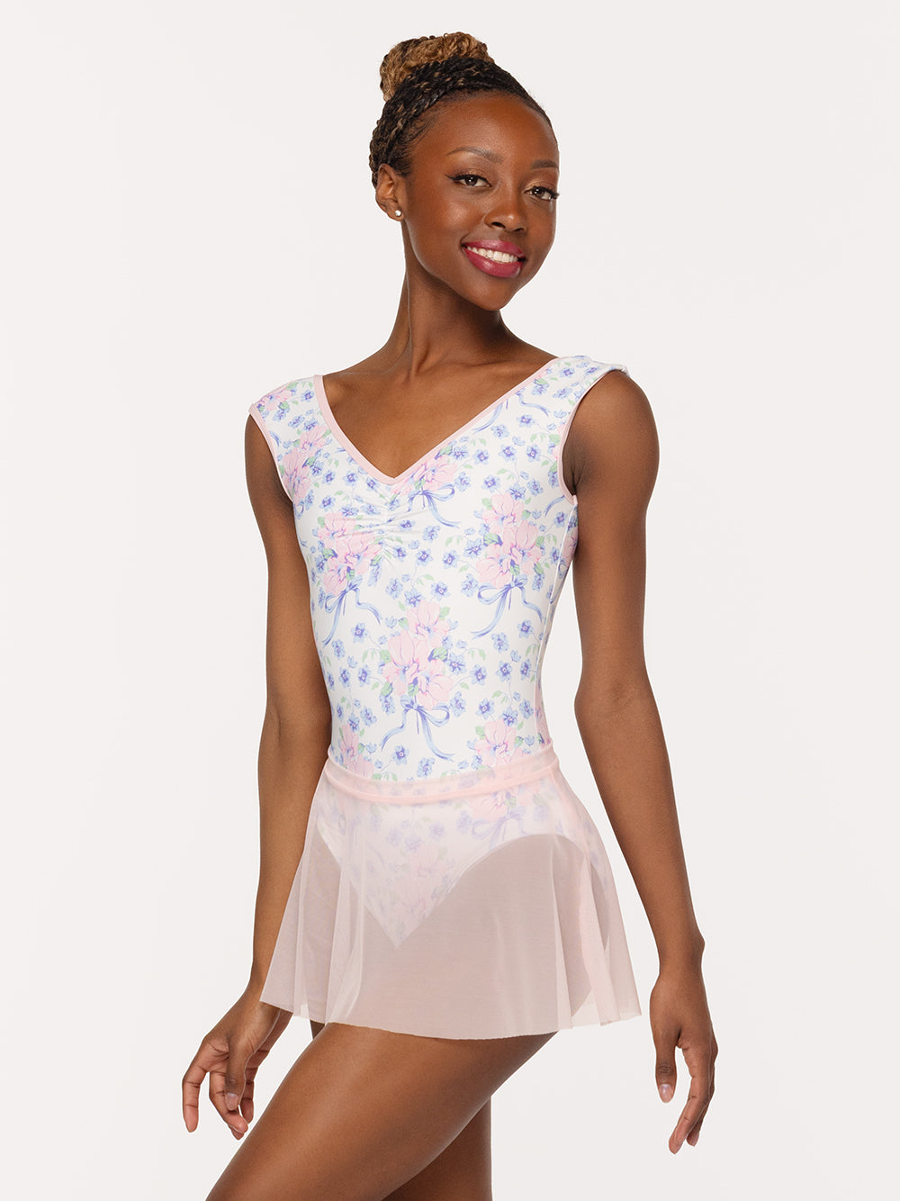 Eleve Dancewear Flare Skirt in Light Pink Mesh color, front view