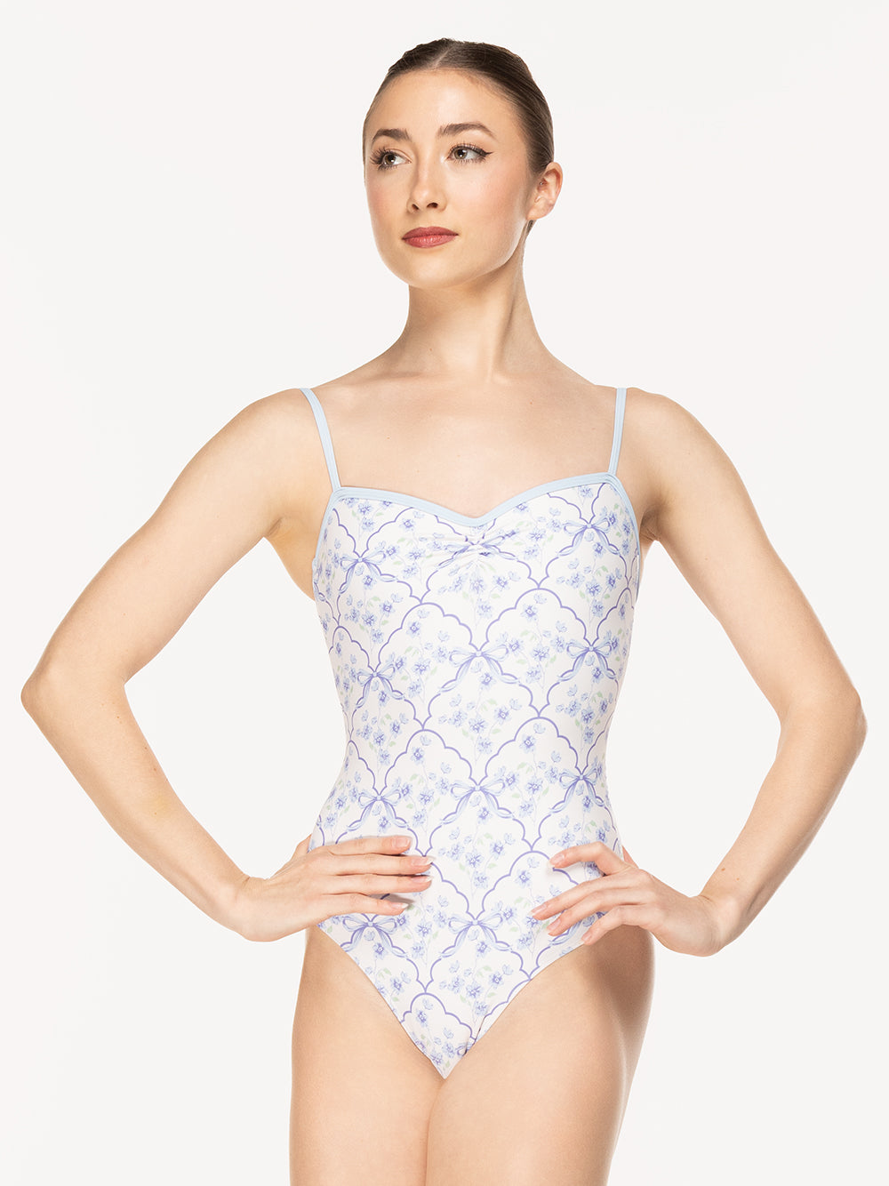 Eleve Dancewear Jillian Leotard in Final Bow print, front view