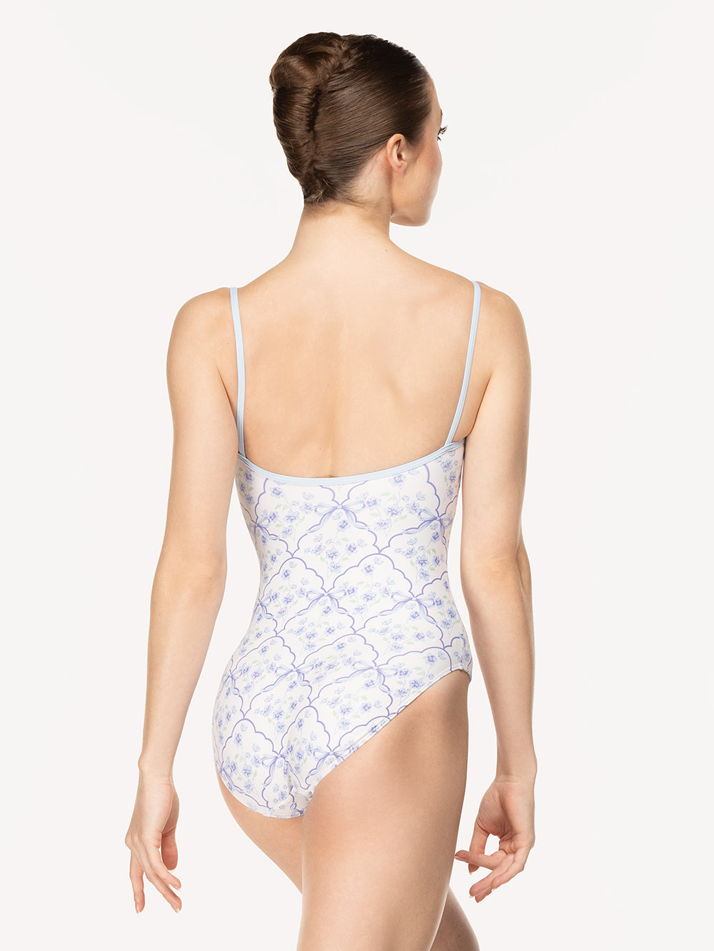 Eleve Dancewear Jillian Leotard Kids in Final Bow print, detail back view of dancer posing
