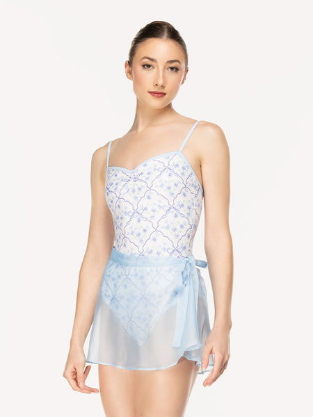 Eleve Dancewear Chiffon Mini Tie Skirt in True Blue print, front view