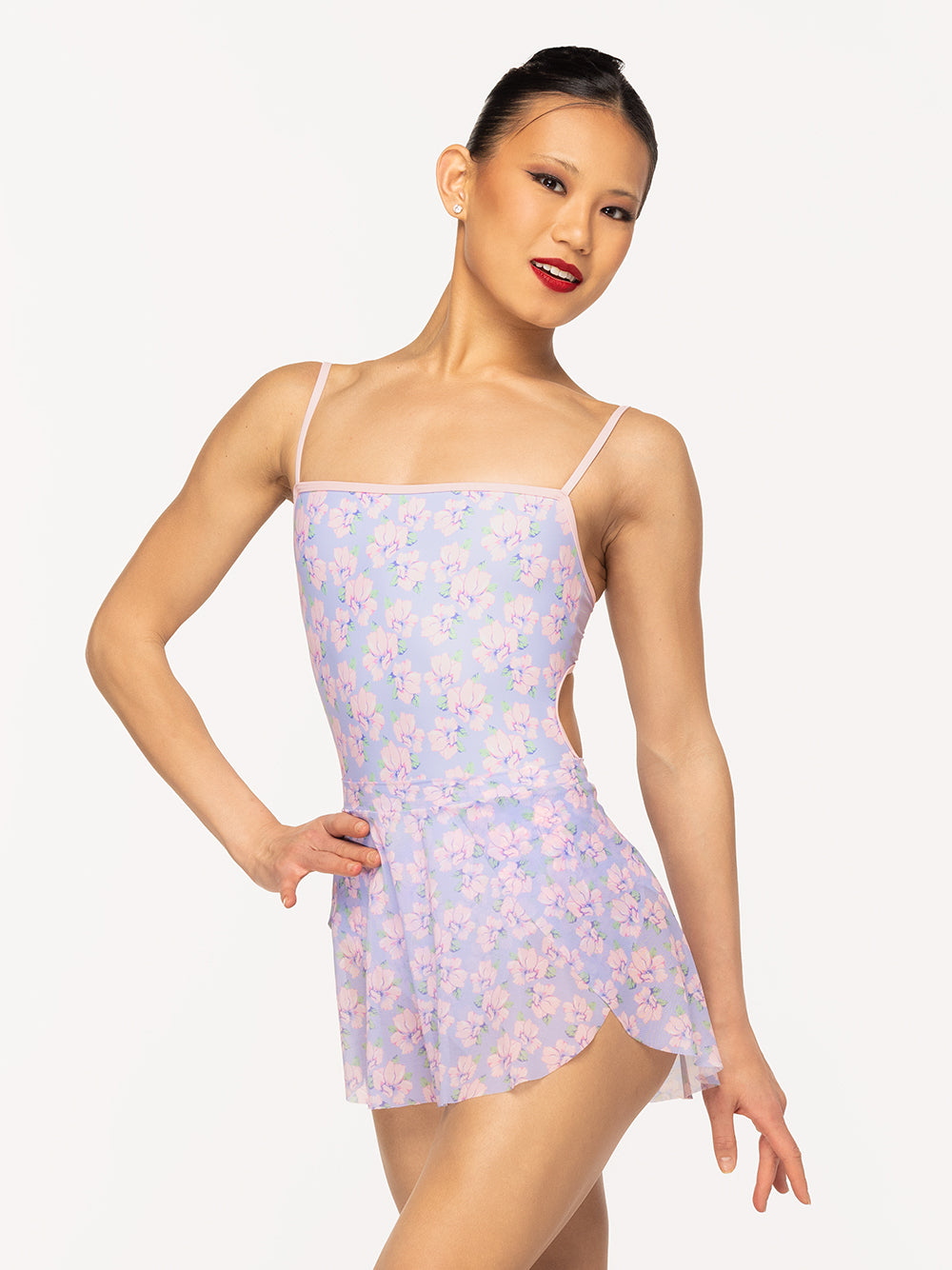 Eleve Dancewear Helena Leotard Kids and Petal Skirt in Flower Toss print, detail front view