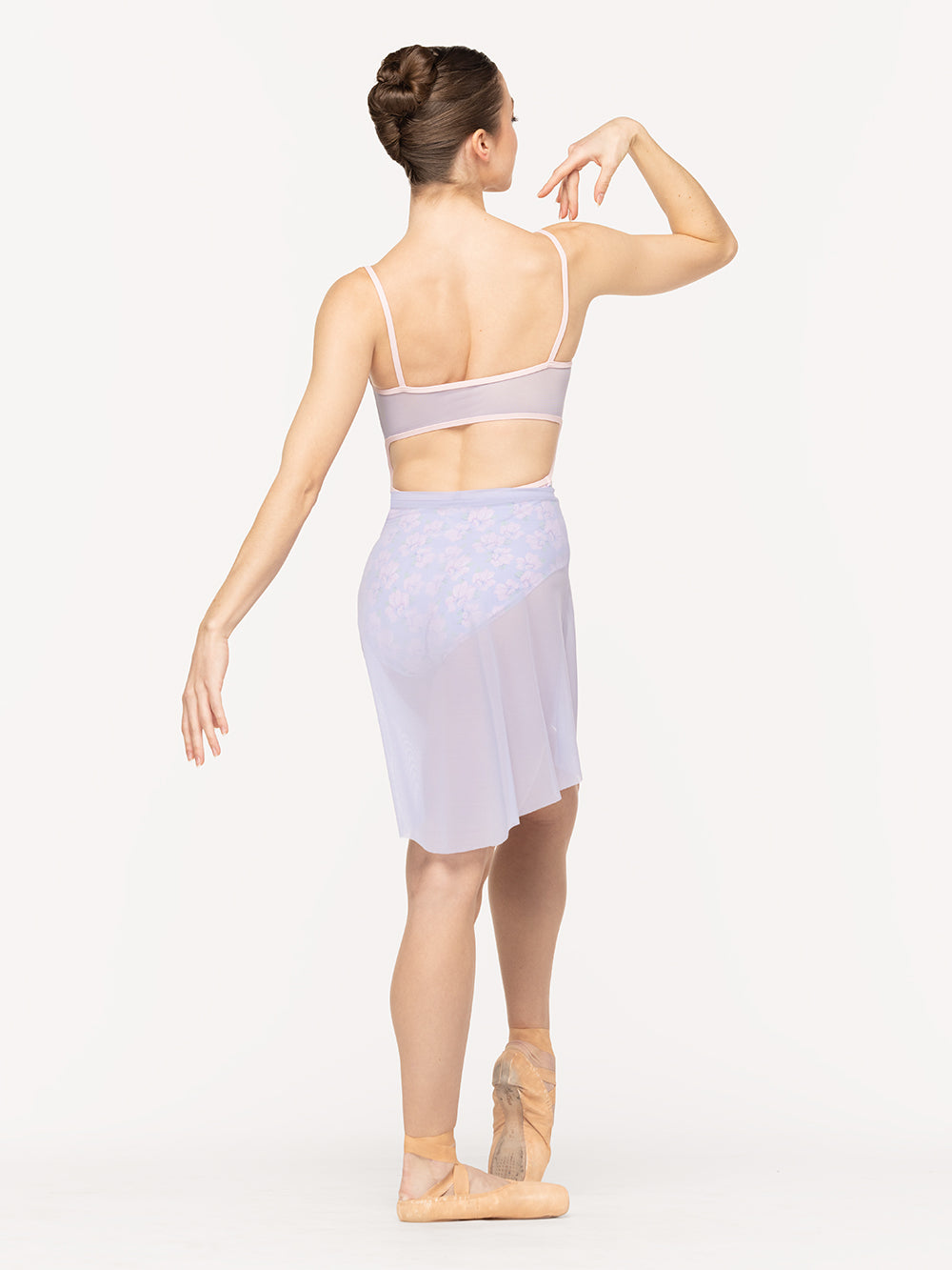 Eleve Dancewear Mid High-Low Skirt  Mesh in  Lavender color, back detail view of model posing