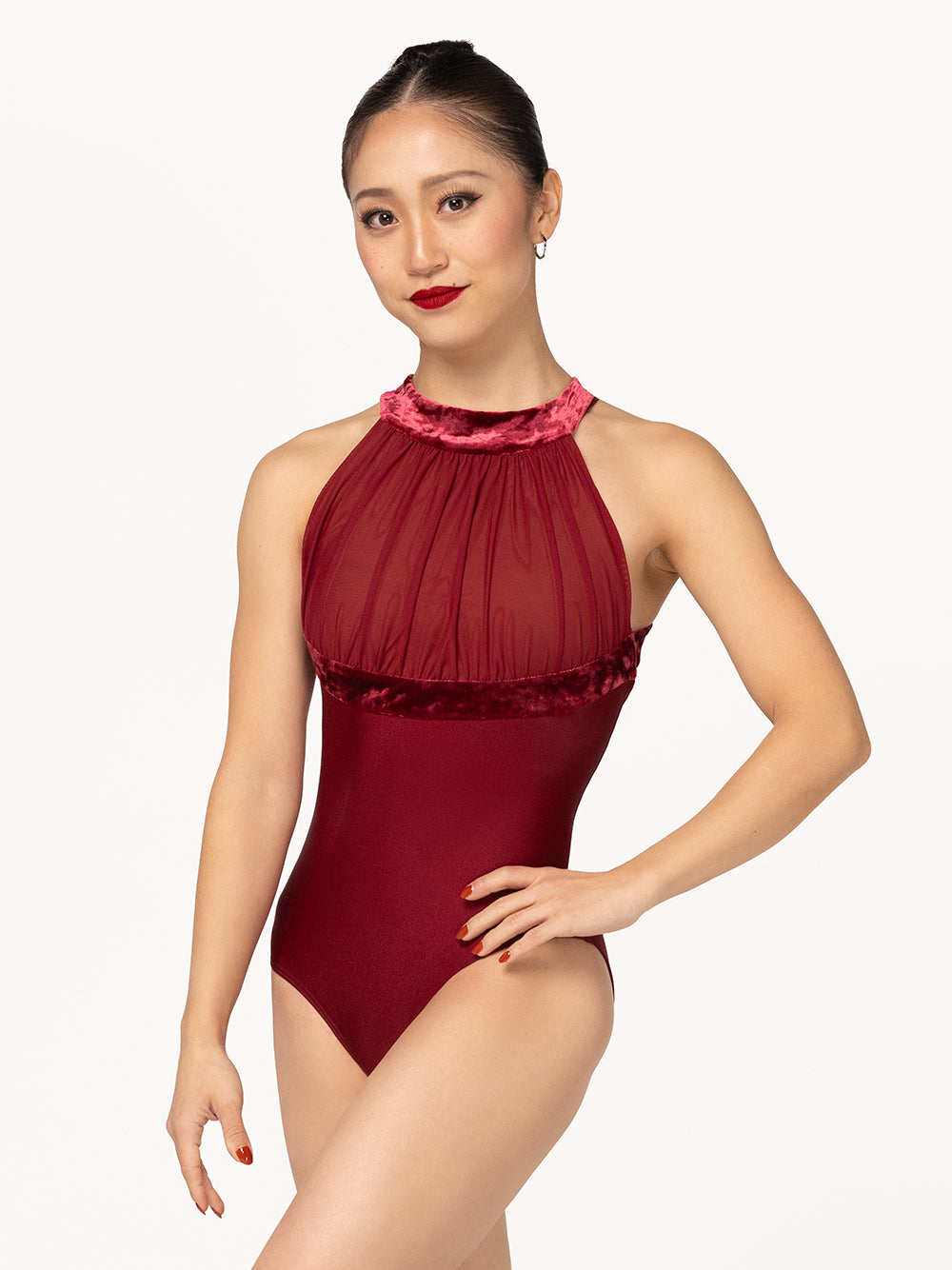 Eleve Dancewear Aria Leotard in Garnet print color, front detail view