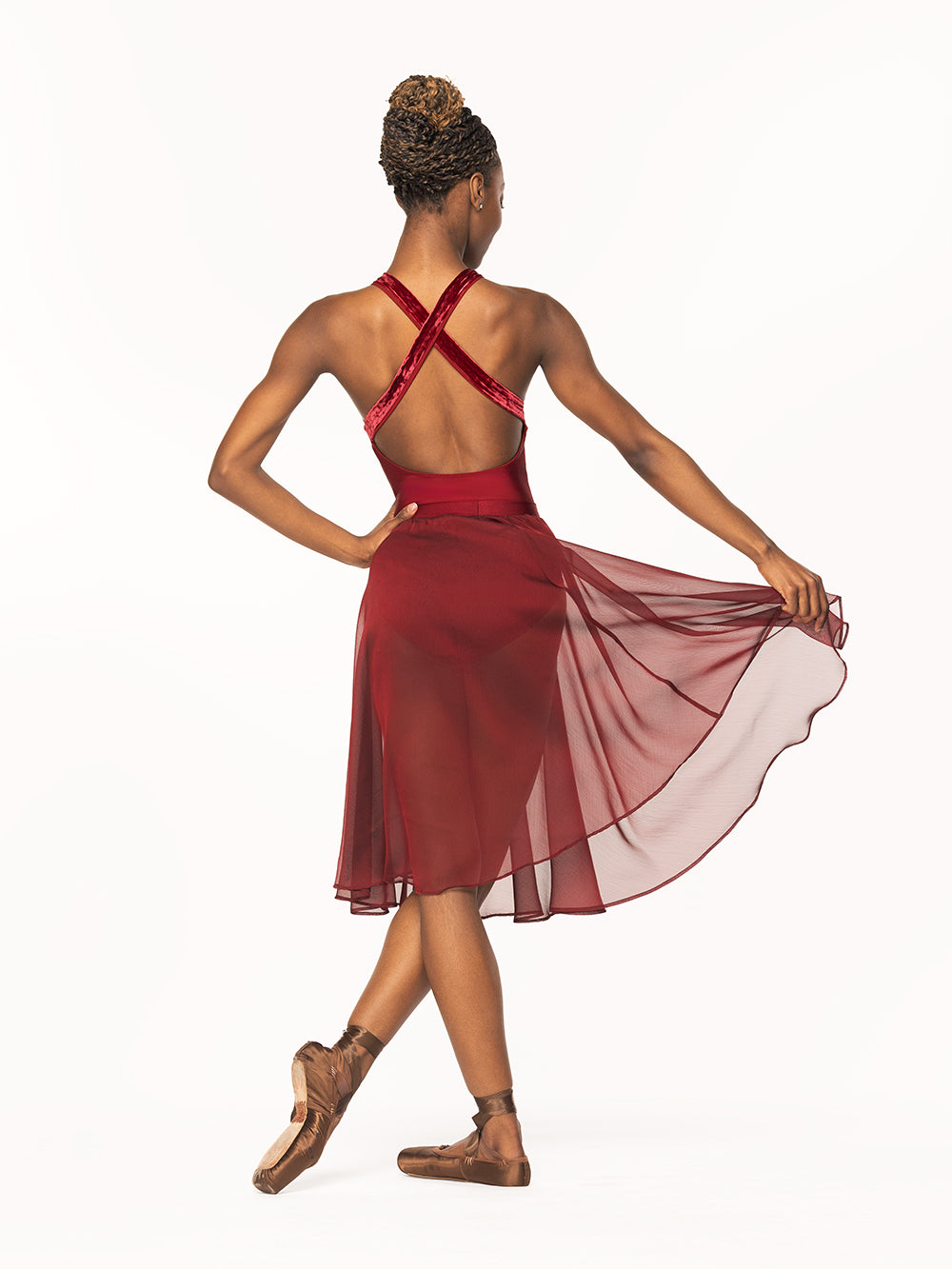 Eleve Dancewear Aria Leotard in Garnet print color, full body back detail view
