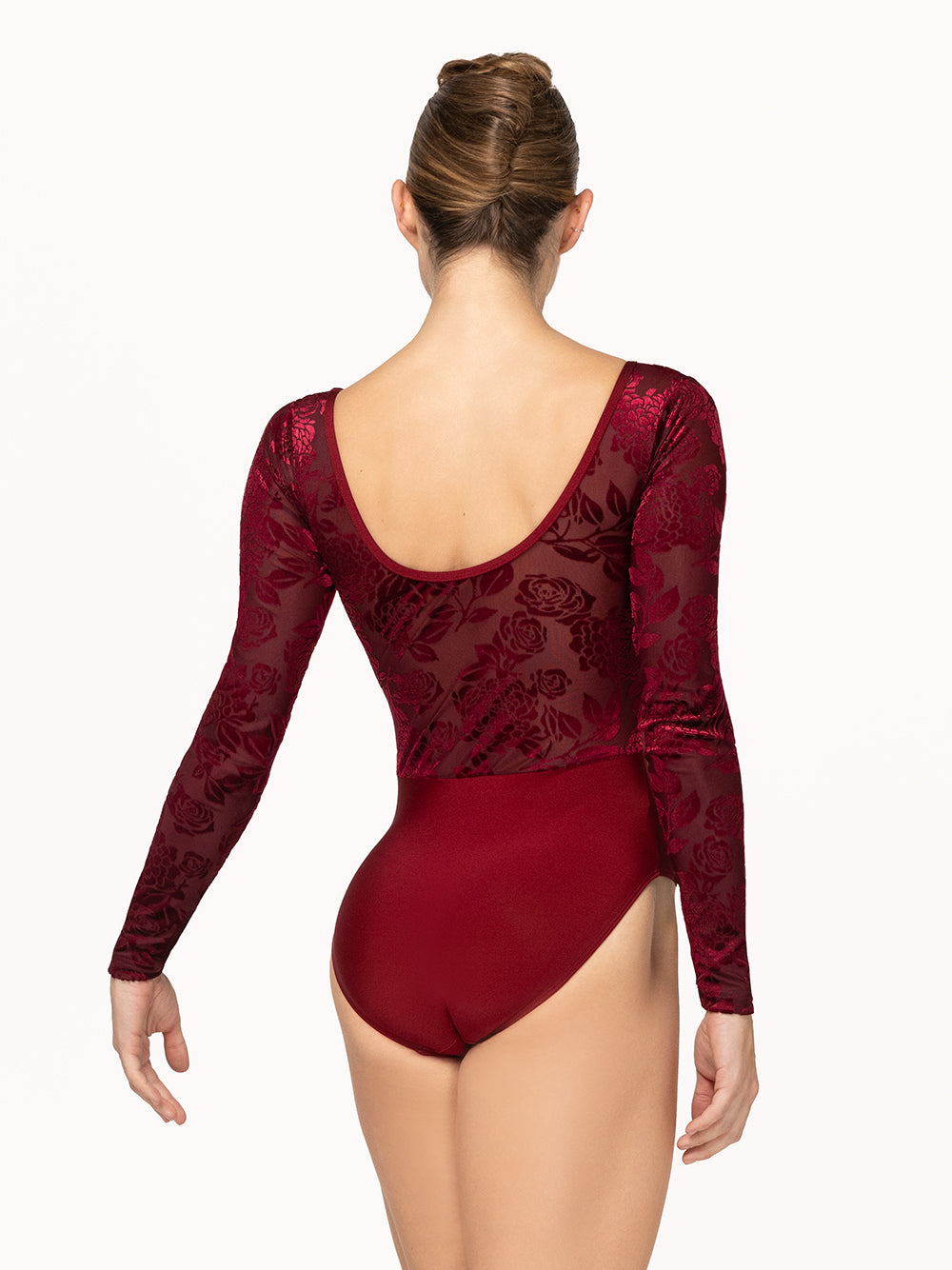 Eleve Dancewear Fabiola Leotard in Garnet Burnout Velvet print color, back view
