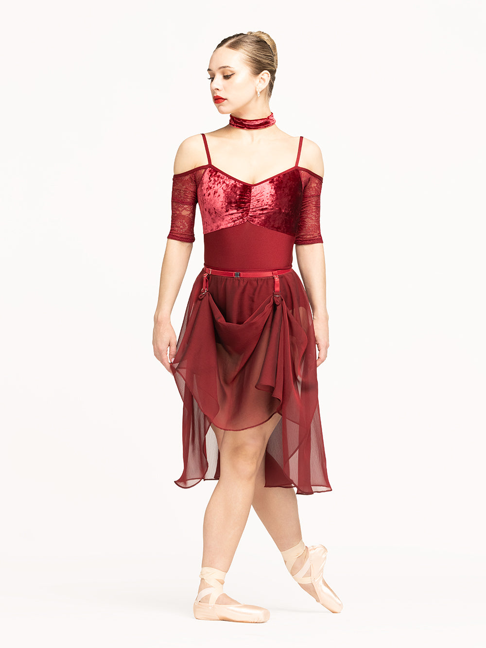 Eleve Dancewear Lola Leotard in Garnet Lace print color, full body front view