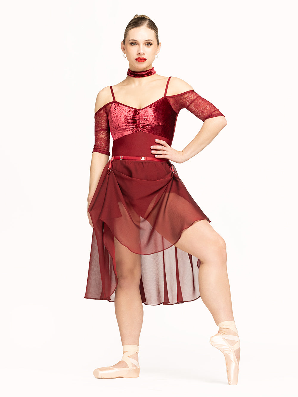 Eleve Dancewear Chiffon Rehearsal Skirt Kids in Garnet print color, full body front view