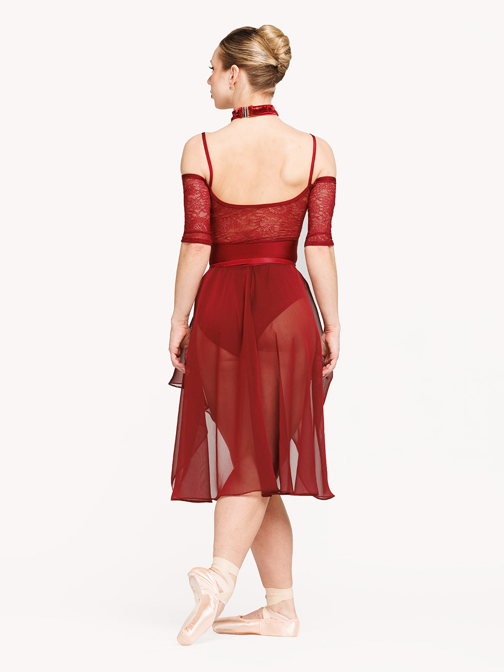 Eleve Dancewear Chiffon Rehearsal Skirt in Garnet print color, back view of dancer posing