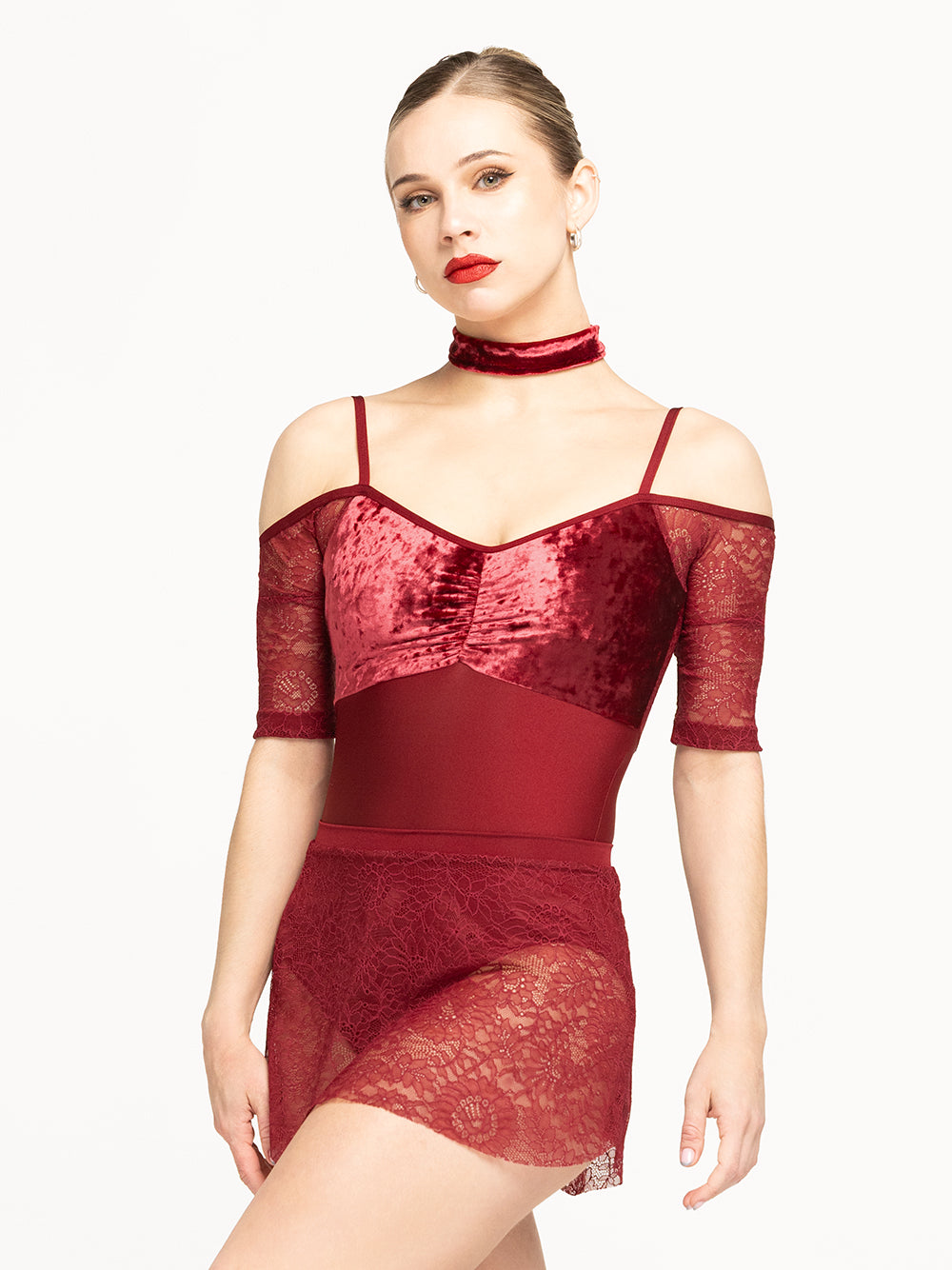 Eleve Dancewear Lola Leotard in Garnet Lace print color, front detail view