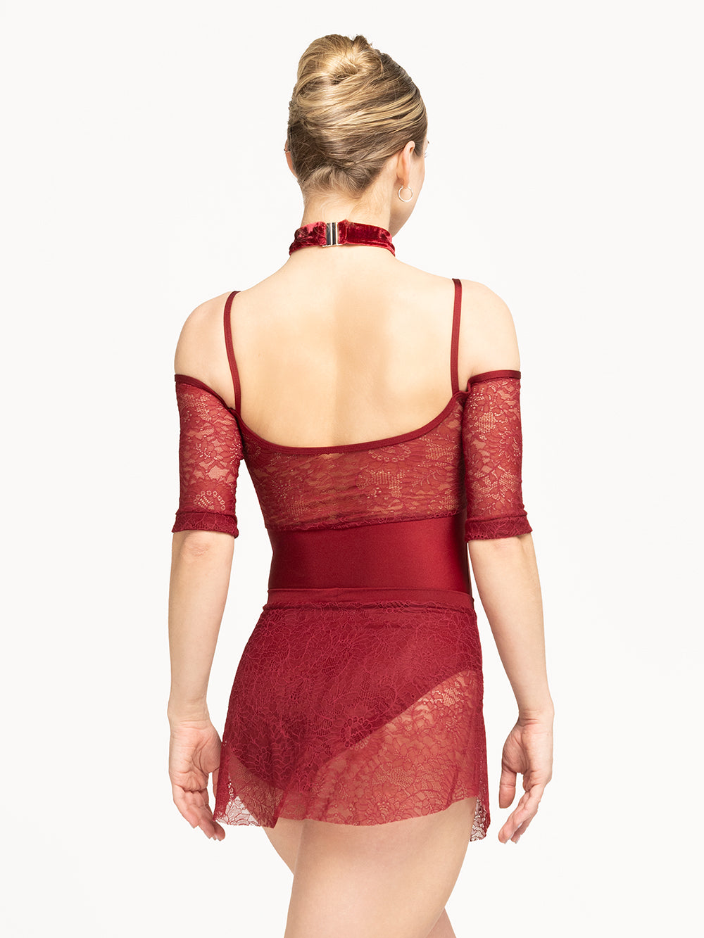Eleve Dancewear Lola Leotard in Garnet Lace print color, back detail view