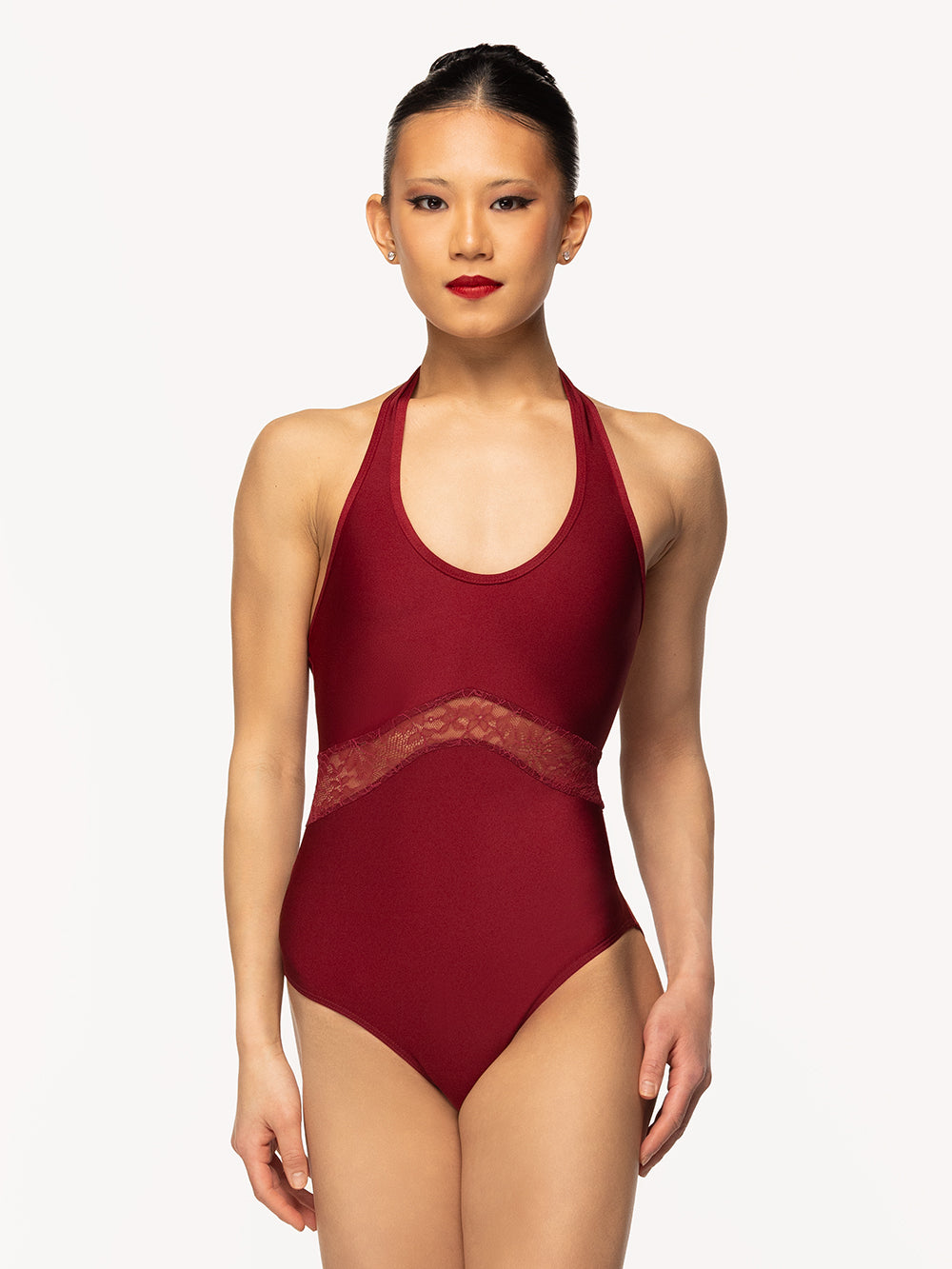 Eleve Dancewear Miyesha Leotard Kids in Garnet print color, front view of dancer posing