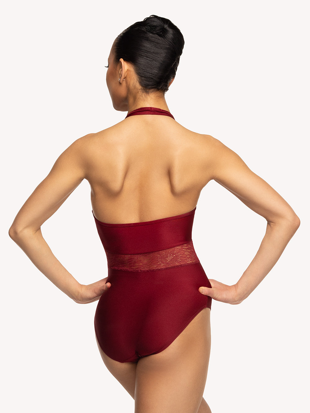 Eleve Dancewear Miyesha Leotard in Garnet print color, back view