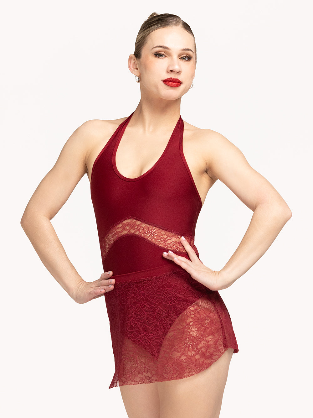 Eleve Dancewear Tulip Skirt in Garnet Zinnia Lace print color, front detail view