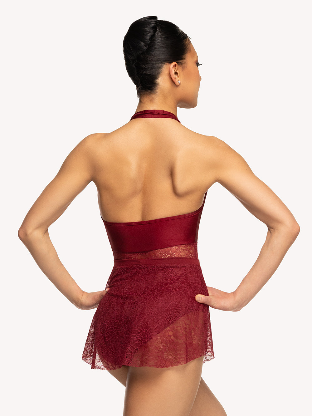 Eleve Dancewear Tulip Skirt in Garnet Zinnia Lace print color, back view