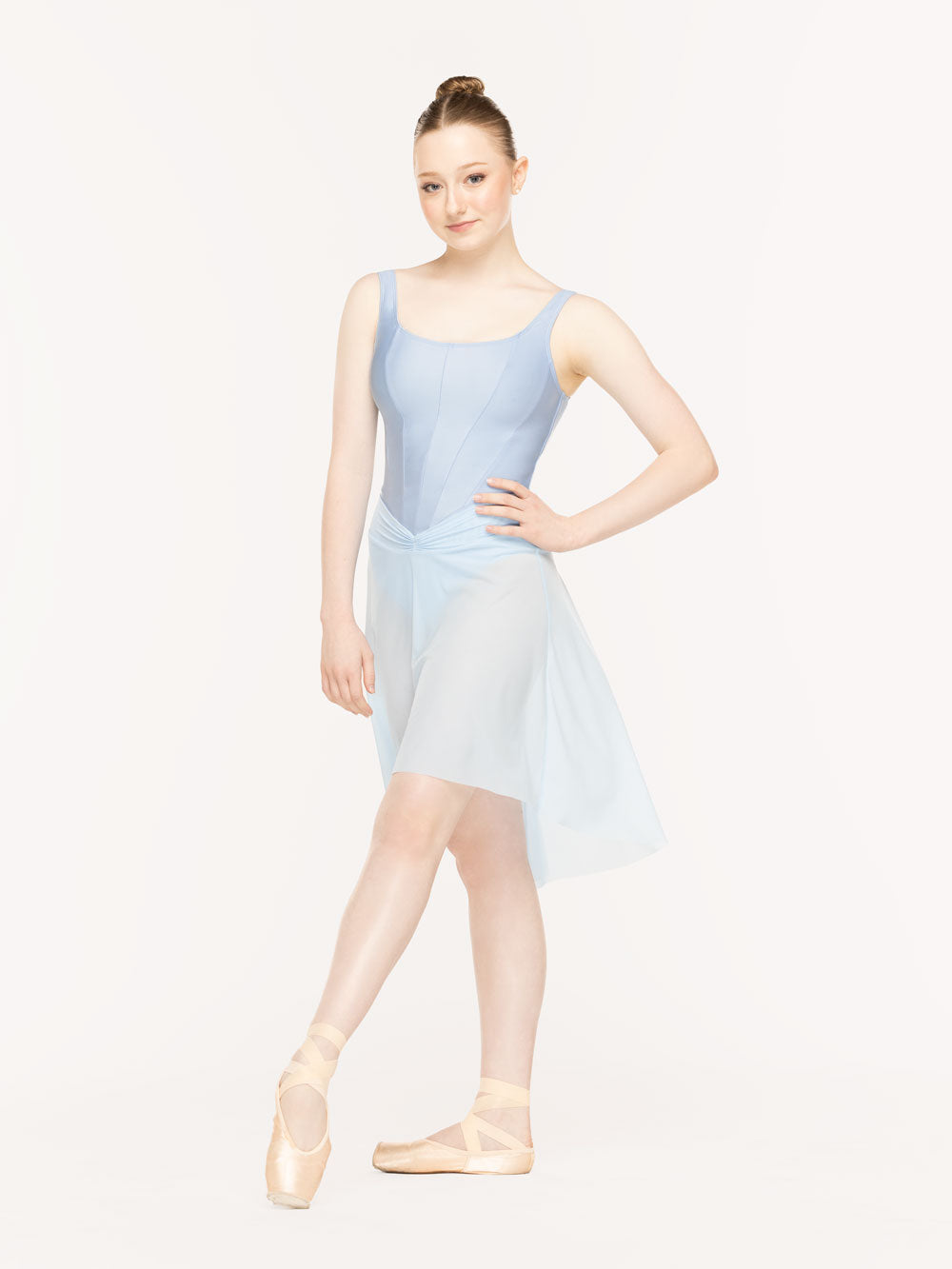 Eleve Dancewear Amora Long High-Low Skirt Kids in True Blue color, front view