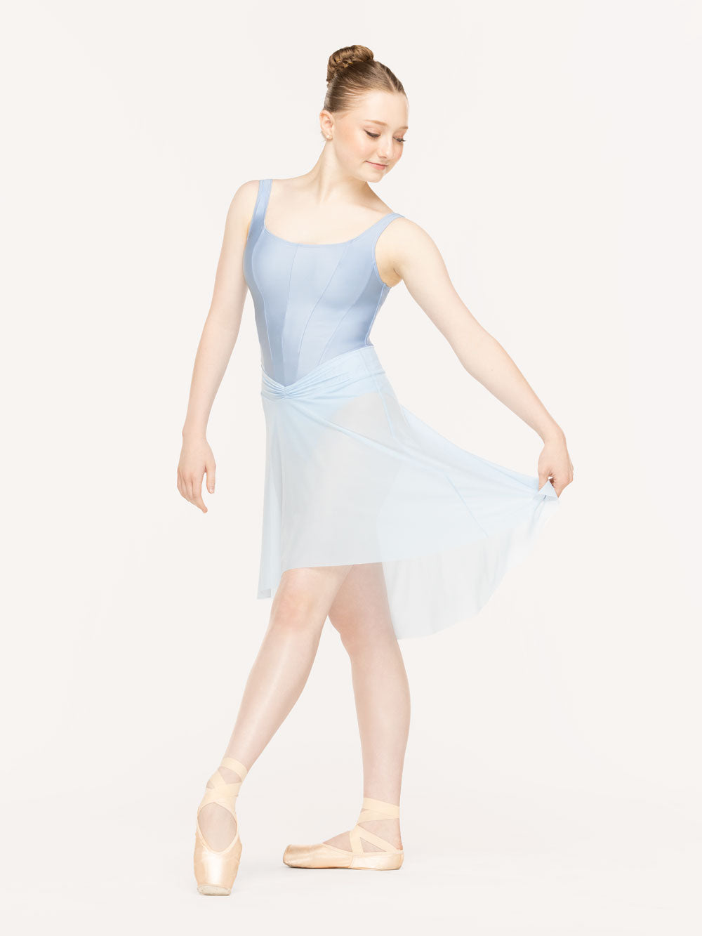 Eleve Dancewear Amora Long High-Low Skirt in True Blue color, front view