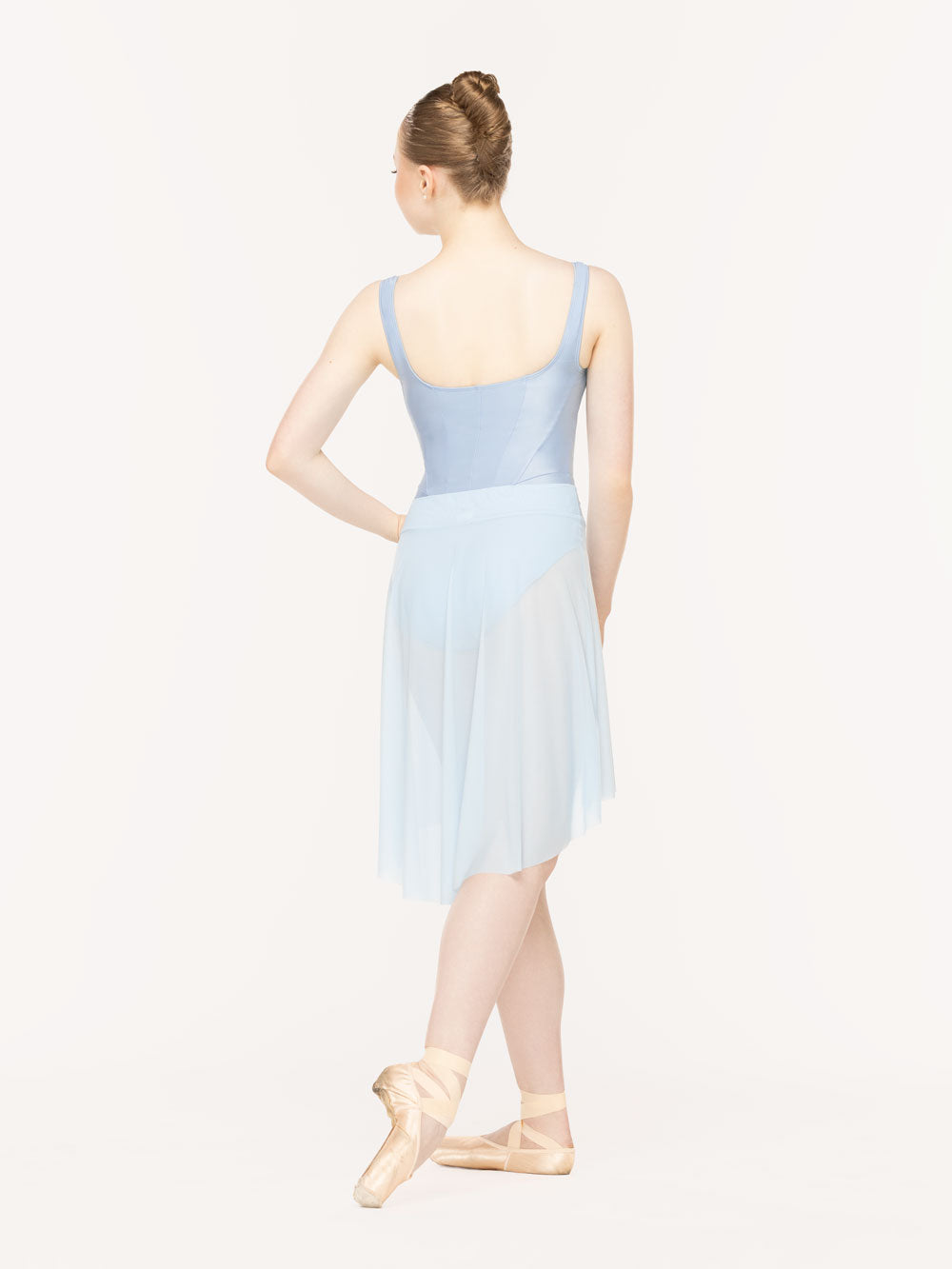 Eleve Dancewear Amora Long High-Low Skirt in True Blue color, back view