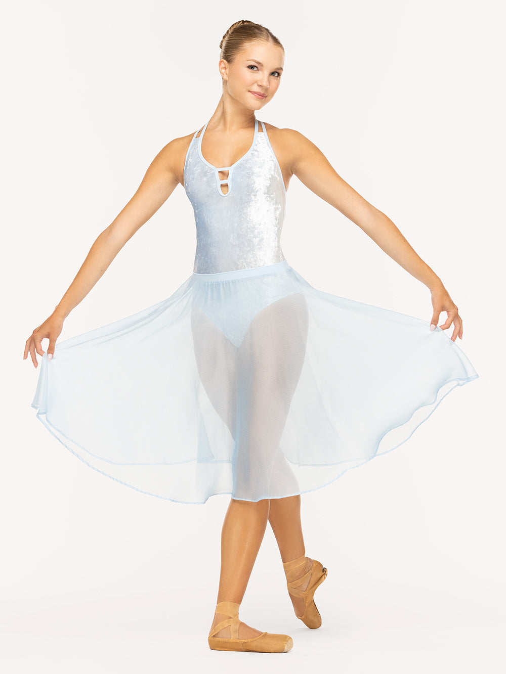 Eleve Dancewear Chiffon Rehearsal Skirt in True Blue color, front view detail