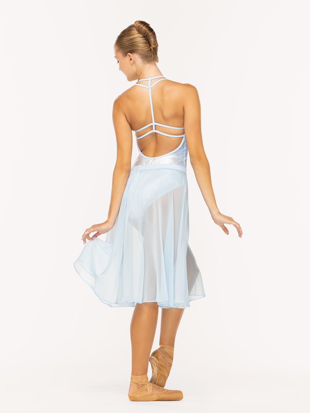 Eleve Dancewear Chiffon Rehearsal Skirt in True Blue color, back view of dancer posing