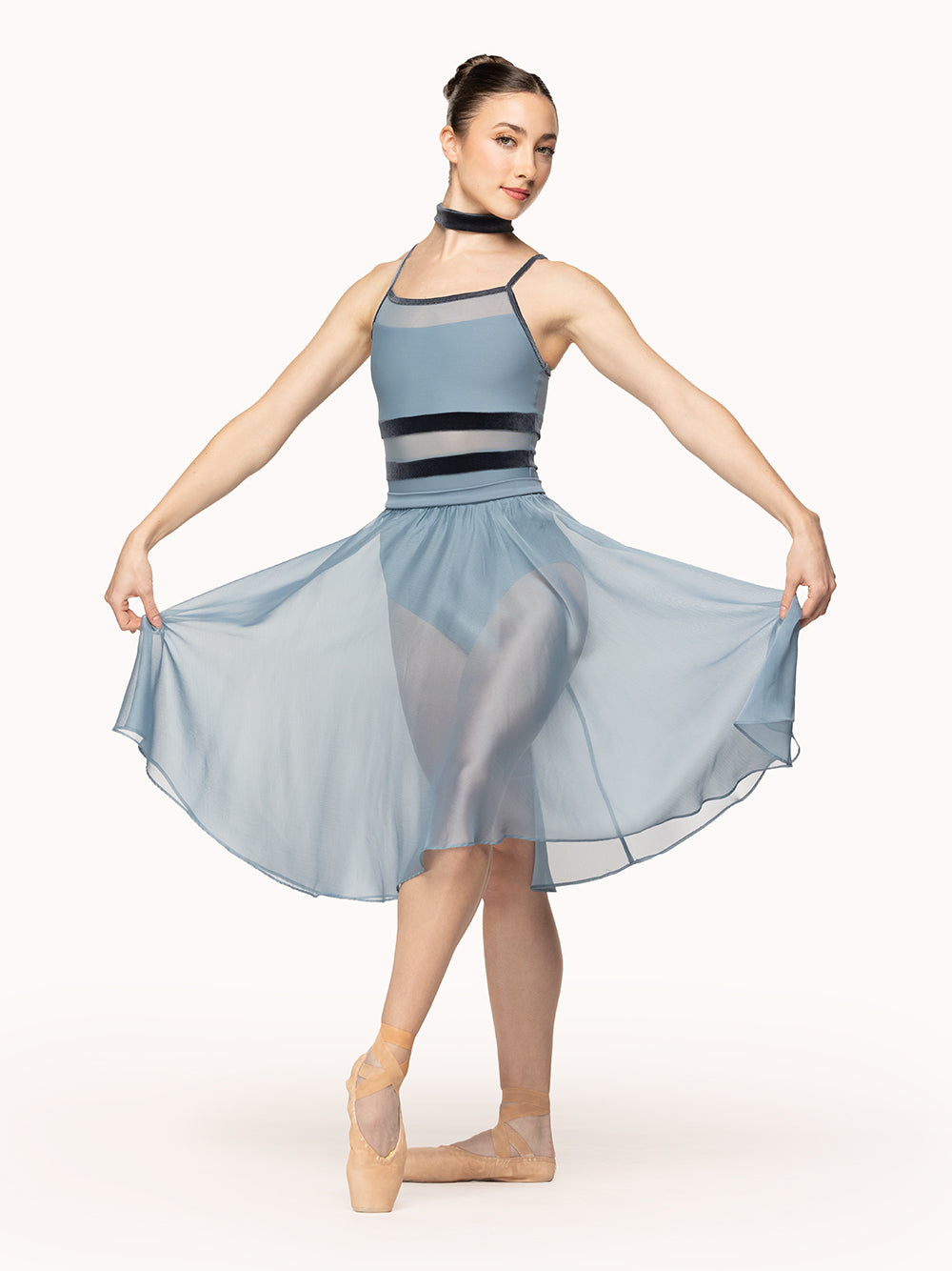 Eleve Dancewear Bethany Leotard Kids in Light Jean print color, full body front view