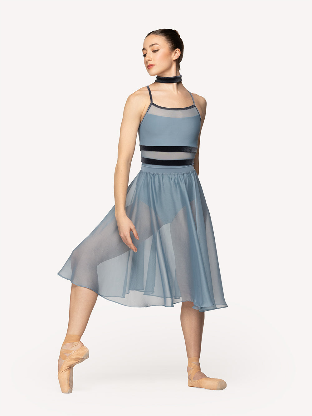 Eleve Dancewear Chiffon Rehearsal Skirt in Light Jean print color, full body front view