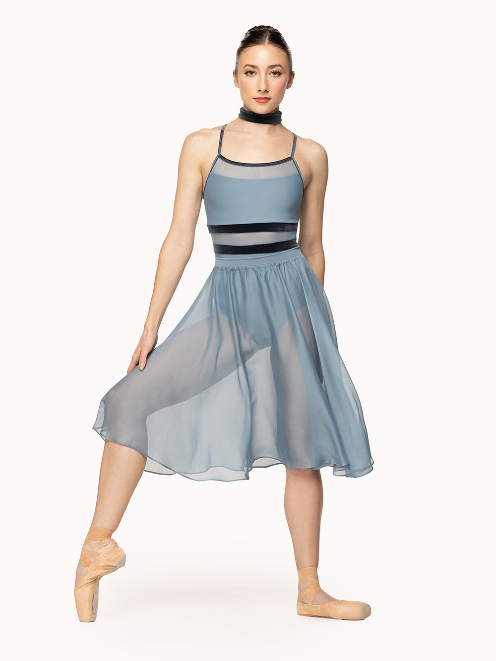 Eleve Dancewear Choker in Storm Velvet print color fabric, full body front view
