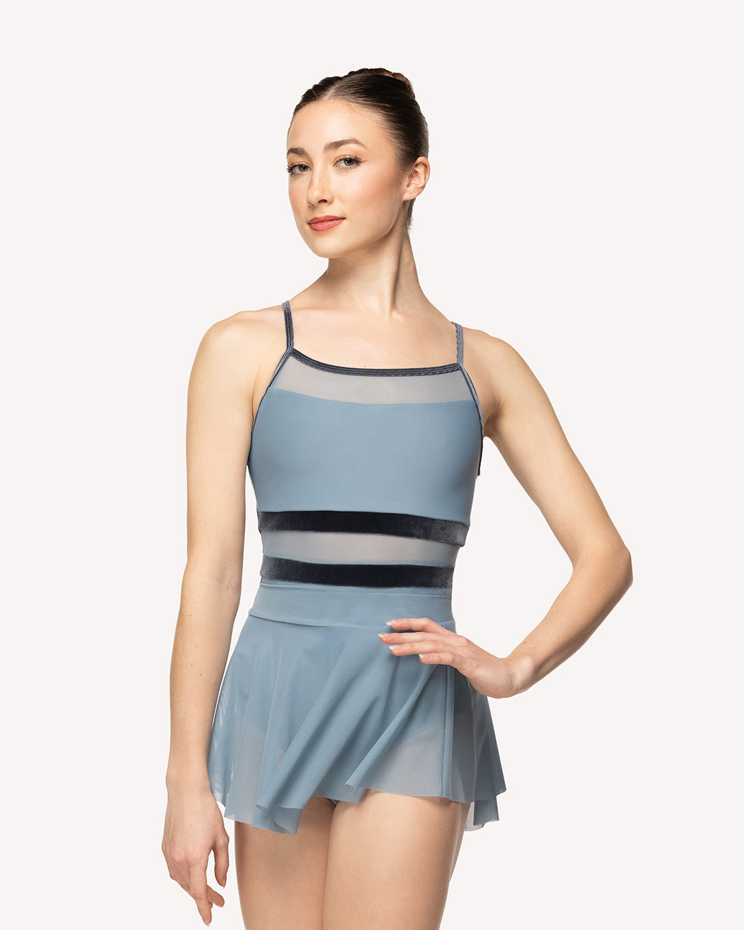 Eleve Dancewear Bethany Leotard Kids in Light Jean print color, front detail view