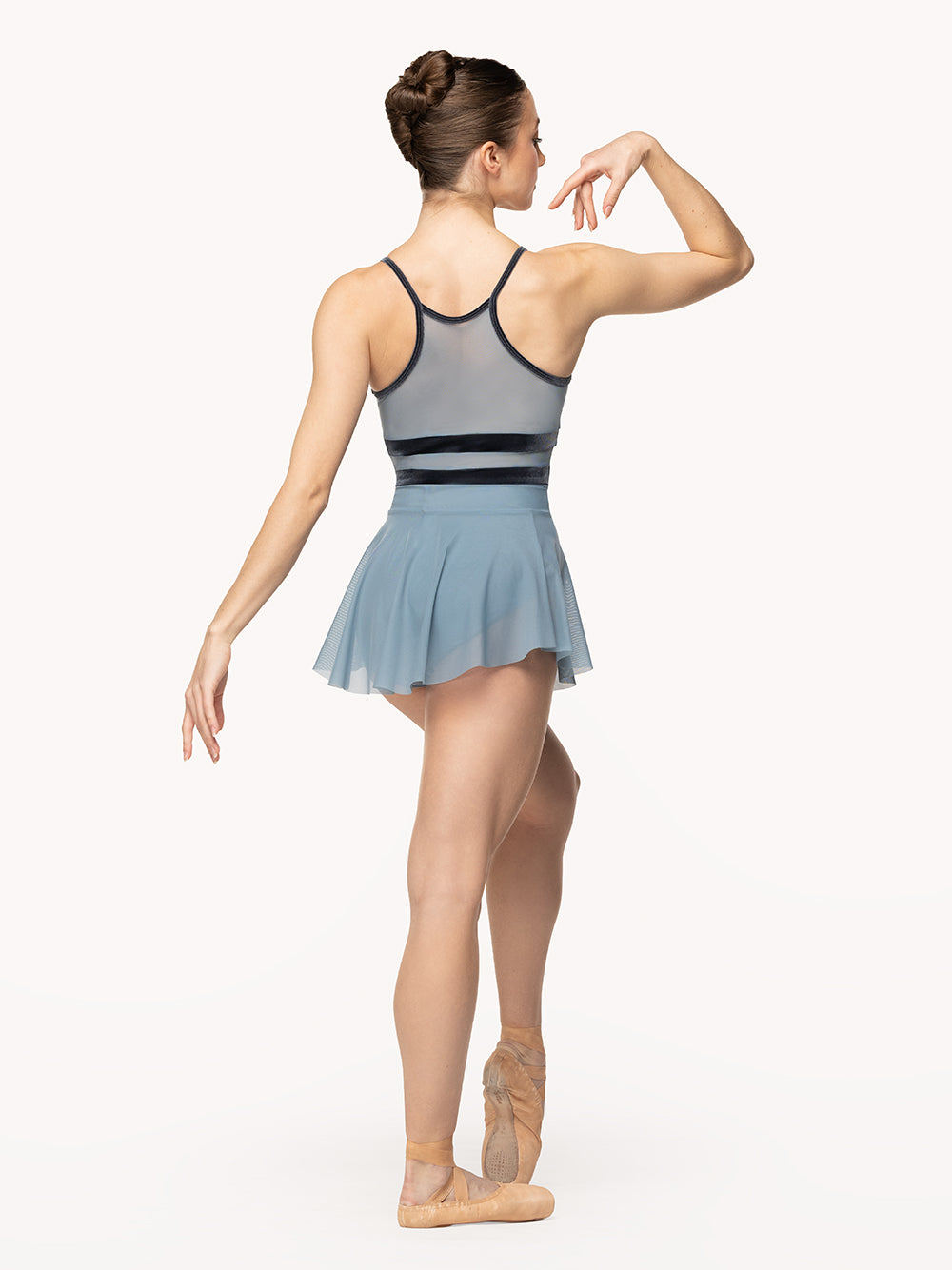 Eleve Dancewear Bethany Leotard Kids in Light Jean print color, full body back view