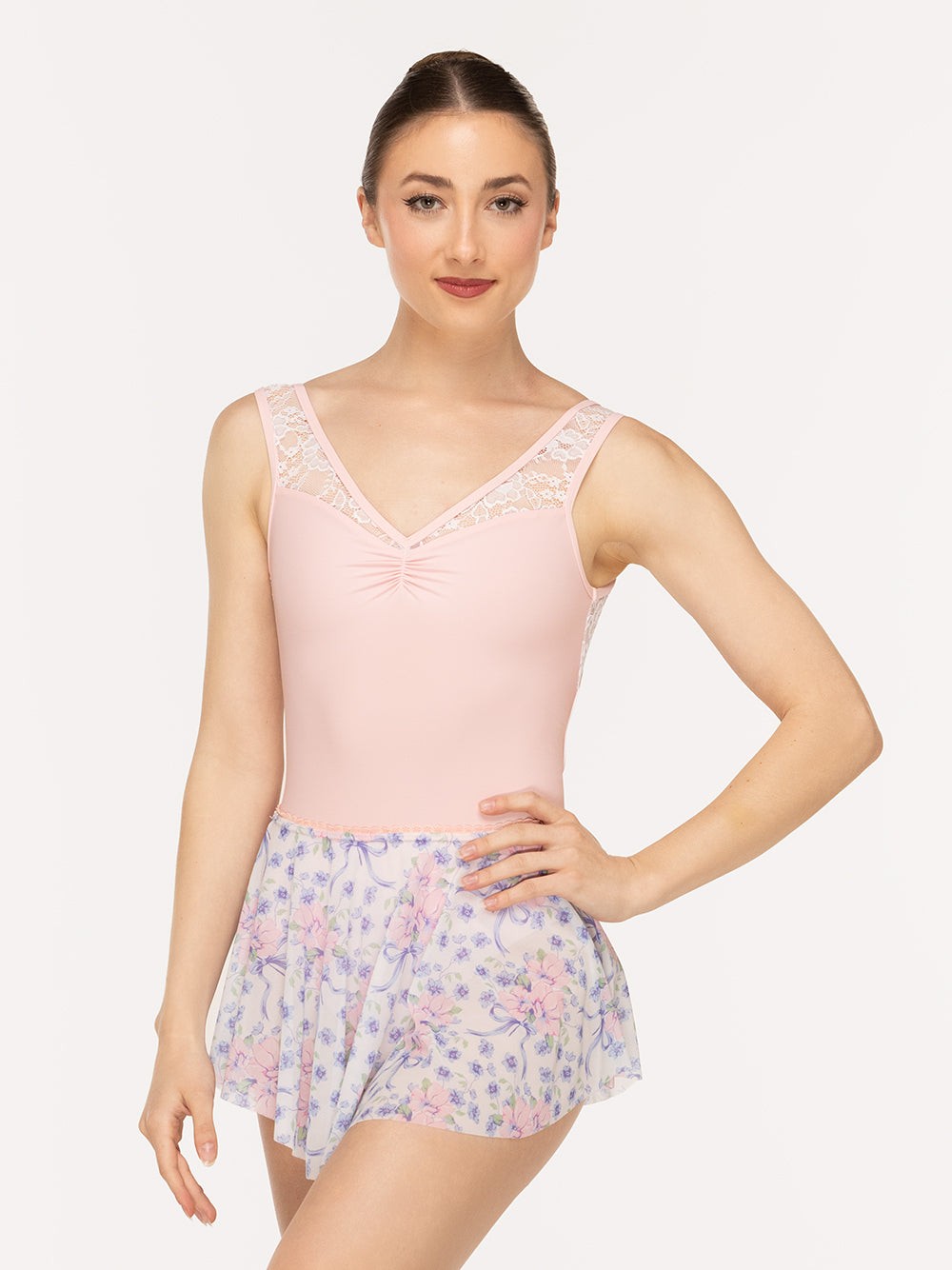 Eleve Dancewear Fabiola Leotard in Light Pink color, detail front view
