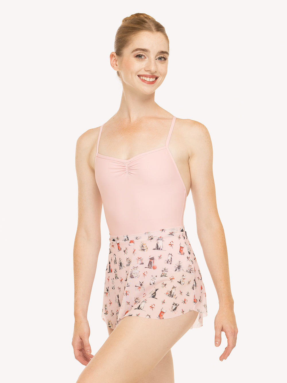 Eleve Dancewear Tulip Skirt in Christmas Cats Mesh print, front view