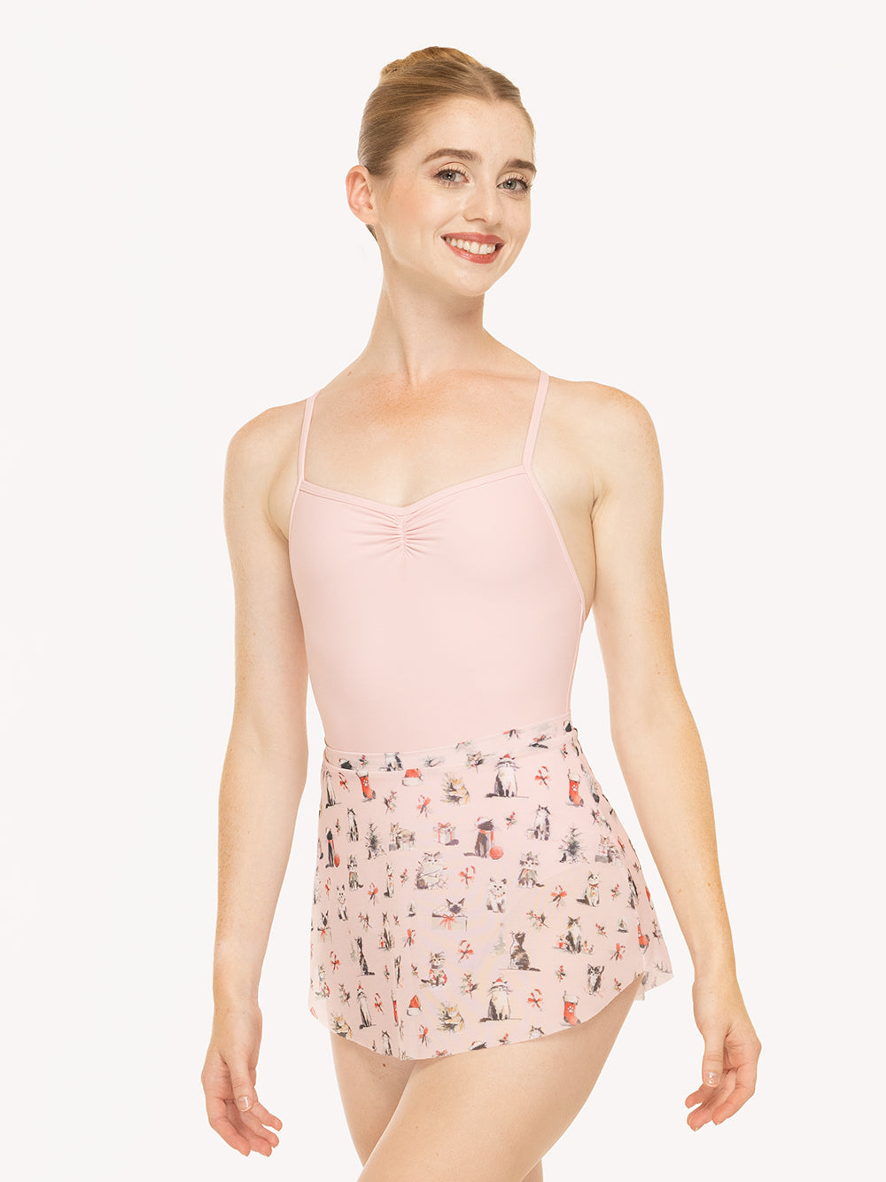 Eleve Dancewear Sonia Leotard in Light Pink color, detail front view of model posing