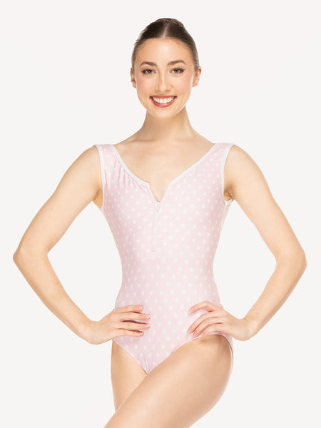 Eleve Dancewear Chelsea Leotard in Light Pink Polka Dot color print, front view