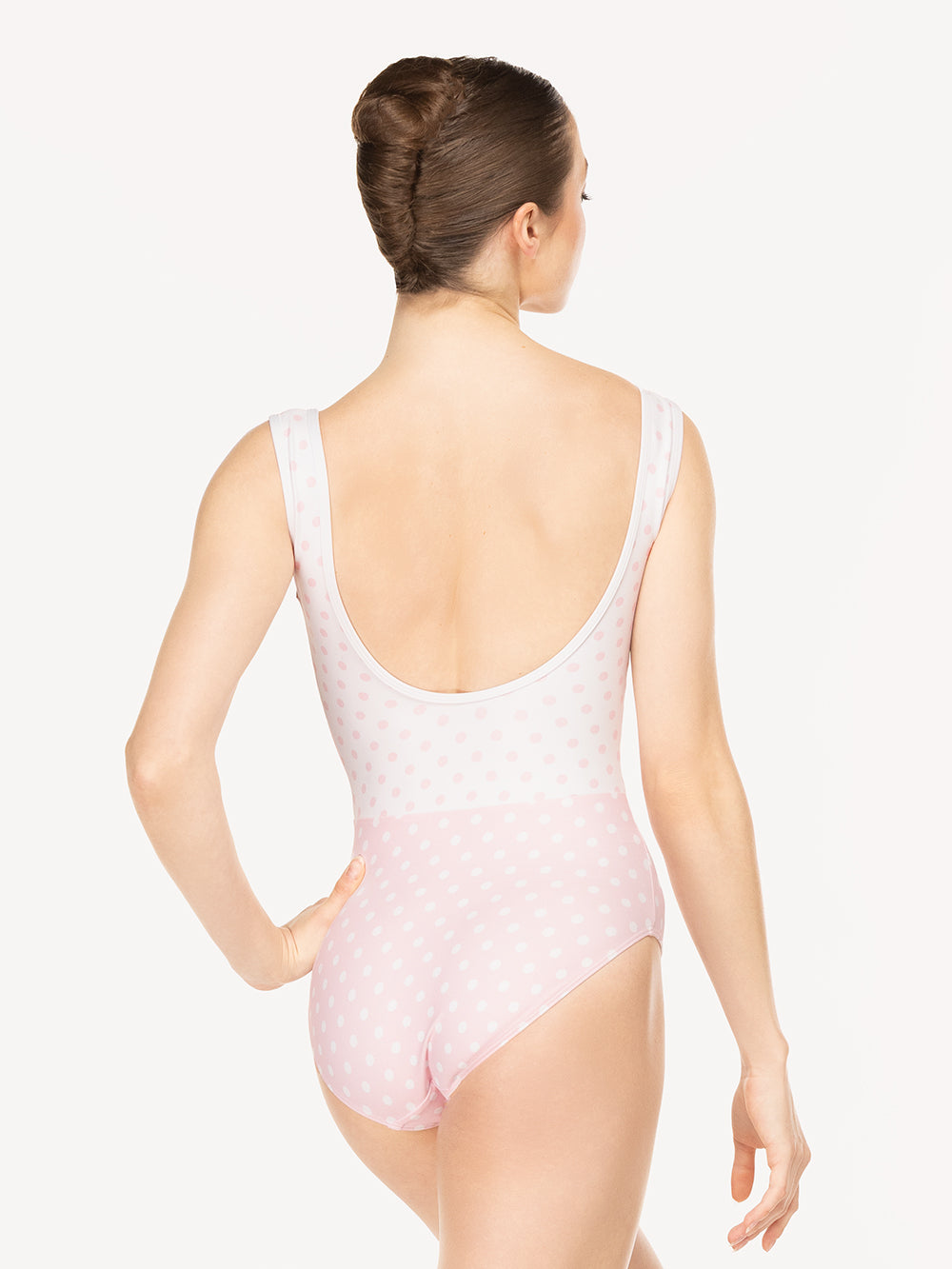 Eleve Dancewear Chelsea Leotard in Light Pink Polka Dot color print, back view