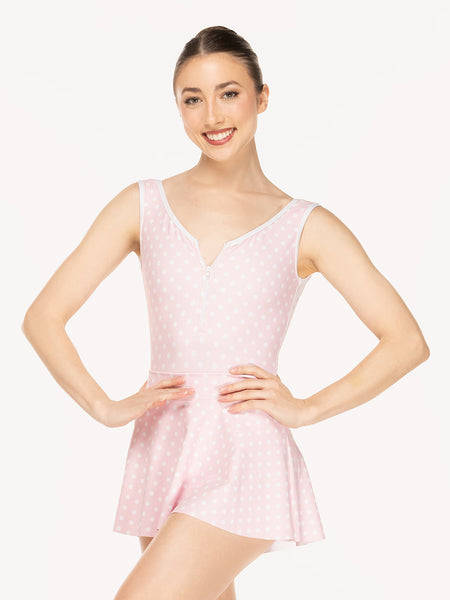 Eleve Dancewear Flare Skirt in Light Pink Polka Dot color print front view