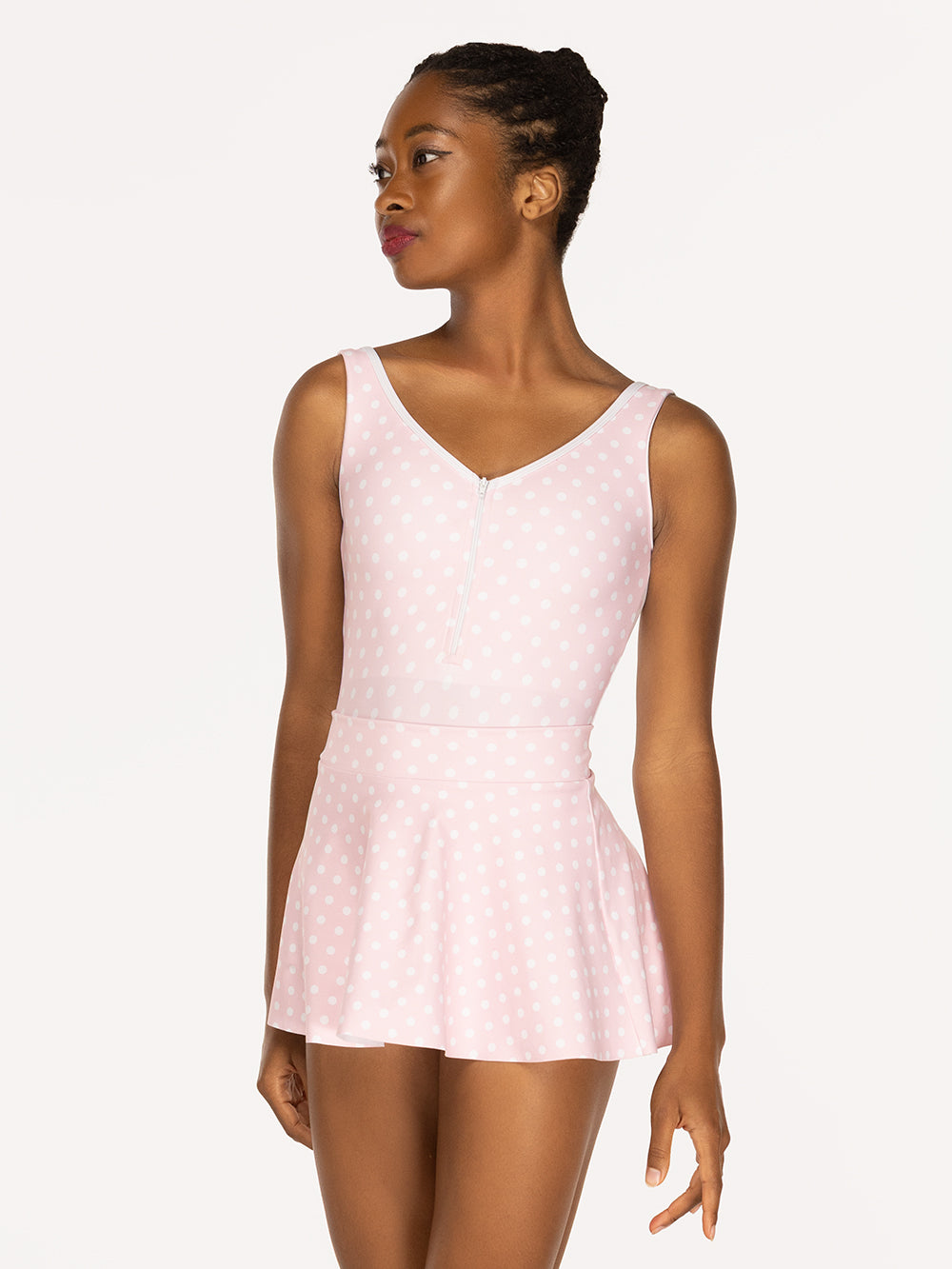 Eleve Dancewear Flare Skirt in Light Pink Polka Dot color print, front detail view