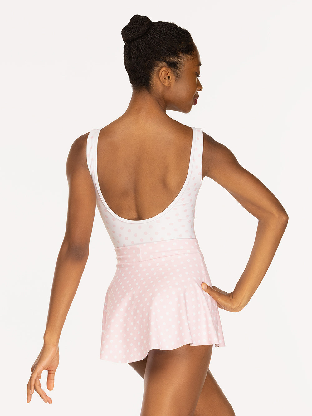 Eleve Dancewear Flare Skirt Kids in Light Pink Polka Dot color print, back view