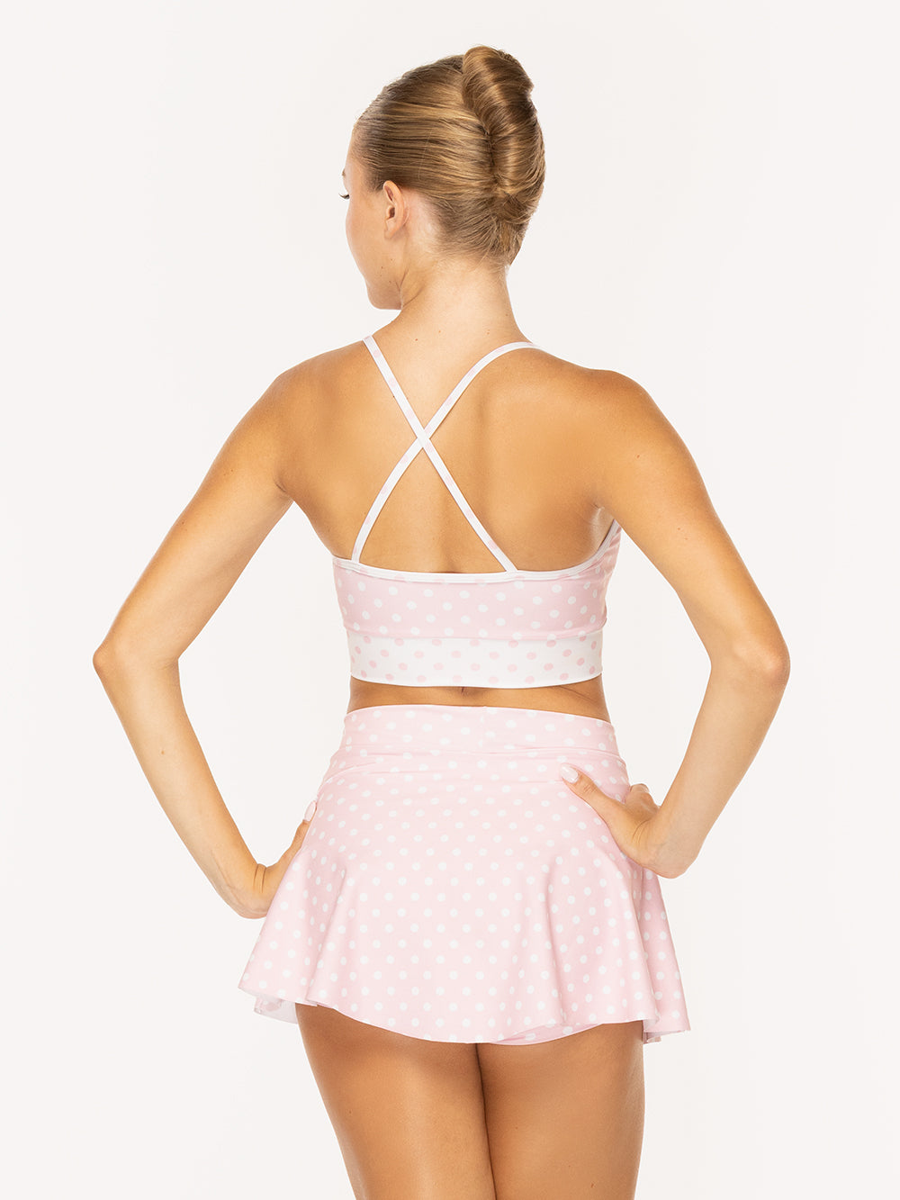 Eleve Dancewear Felicia Crop Top Kids in Light Pink & White Polka Dot print, back view