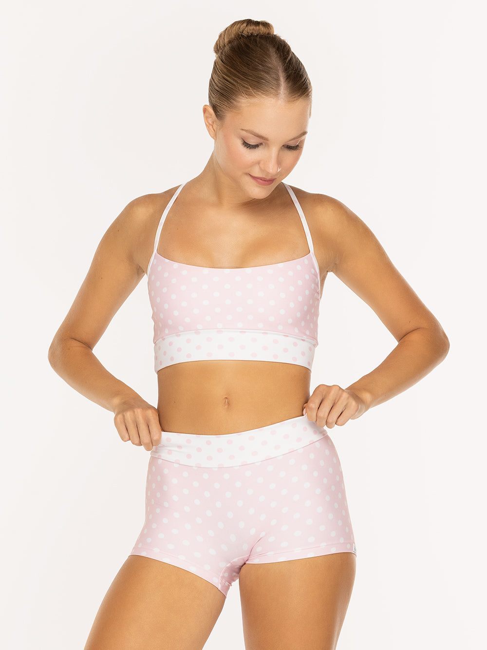 Eleve Dancewear Felicia Crop Top Kids in Light Pink & White Polka Dot print, detail front view
