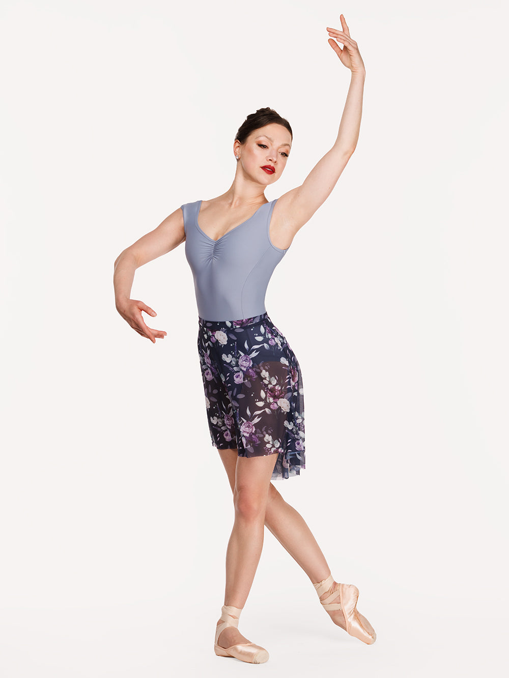 Eleve Dancewear Back Tuck Skirt in Moonlit Garden Eclipse Mesh print color and Heather Leotard in Light Wisteria color, front detail view