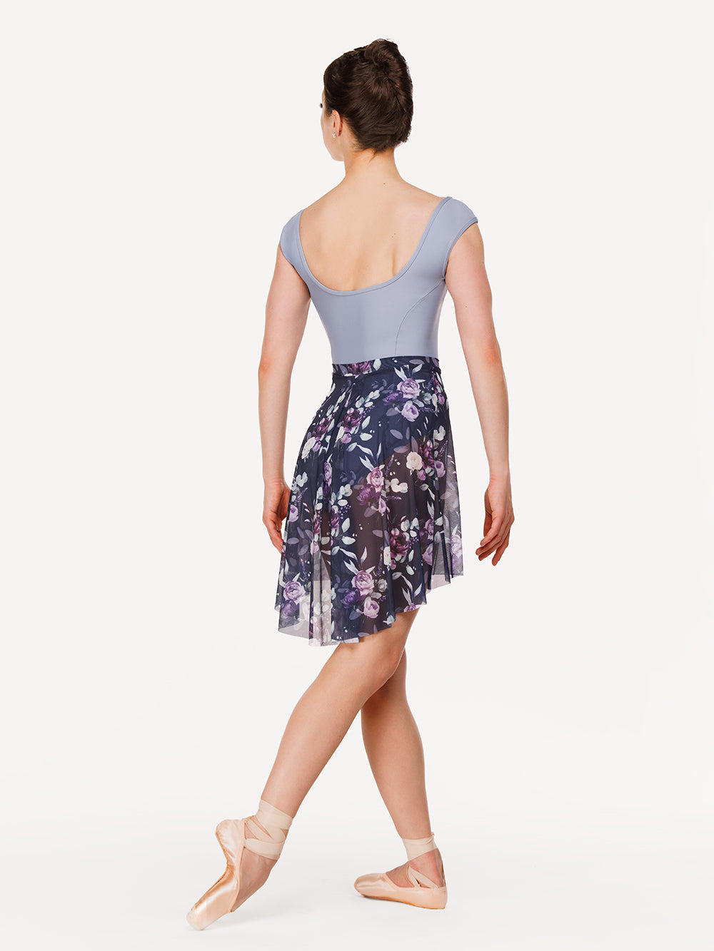 Eleve Dancewear Back Tuck Skirt in Moonlit Garden Eclipse Mesh print color and Heather Leotard in Light Wisteria color, back view