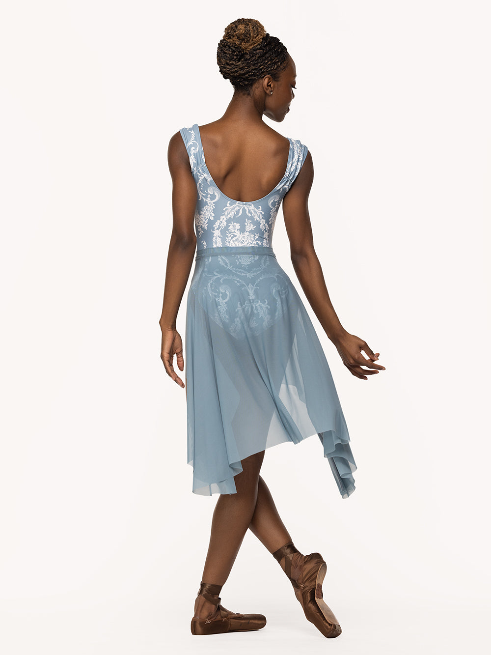 Eleve Dancewear Dragonfly Short Skirt in Light Jean Mesh print color, full body back view