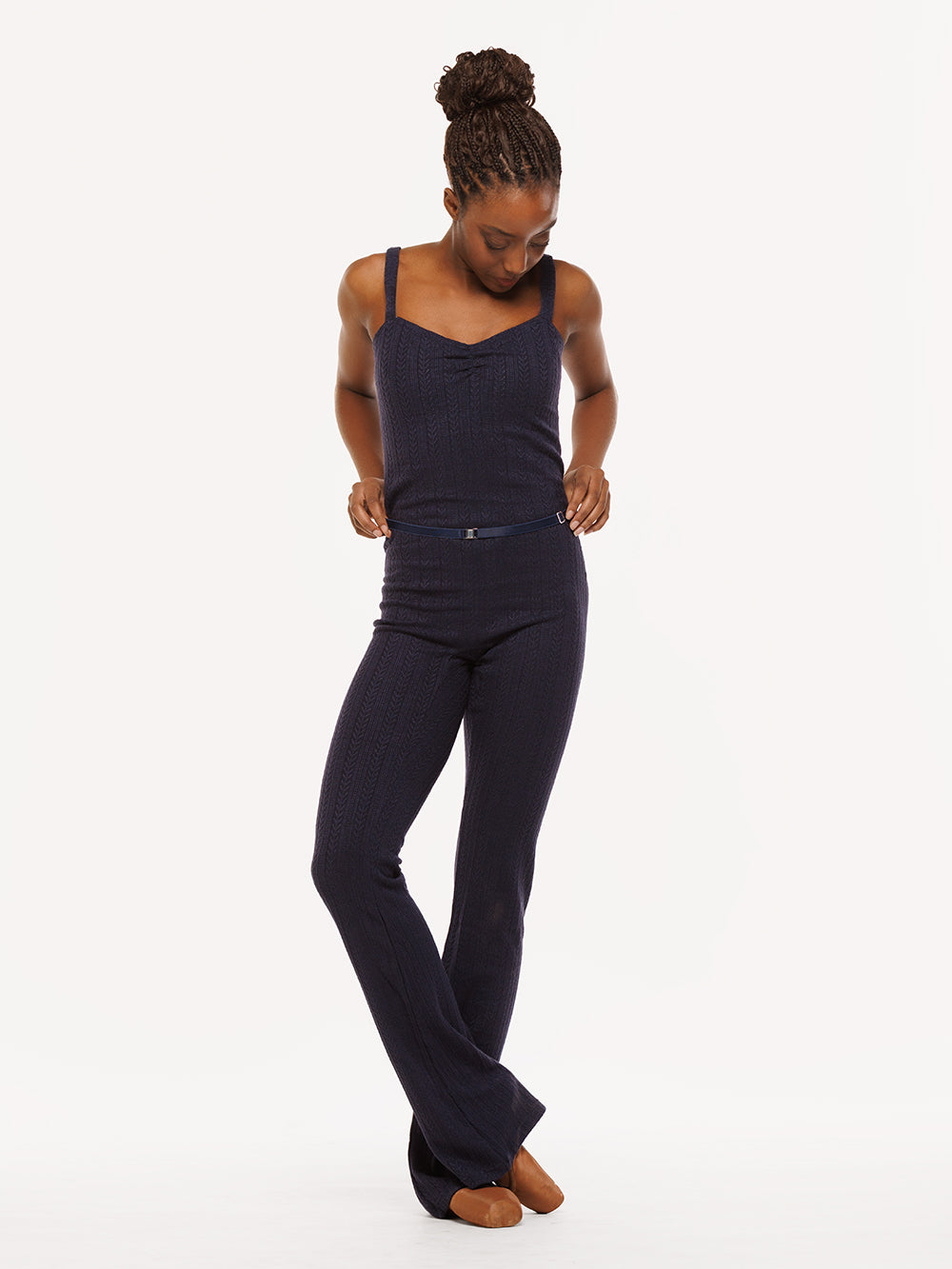 Eleve Dancewear Deven Unitard Knit in Dark Navy color, full body front view